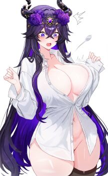1girl absurdres black_hair black_horns blue_eyes breasts buttons collarbone colored_inner_hair crossed_bangs flower hair_between_eyes hair_flower hair_ornament highres horns indie_virtual_youtuber kyukoyuki large_breasts long_hair long_sleeves multicolored_hair navel open_mouth popped_button purple_flower purple_hair shirt solo thighhighs unjaded_(vtuber) virtual_youtuber white_shirt ych_commission