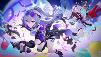 1boy 3girls absurdres asymmetrical_gloves bare_shoulders black_boots black_gloves black_hairband black_hat black_jacket black_pants black_shoes black_shorts boots braid caelus_(honkai:_star_rail) chinese_commentary clothing_cutout commentary_request crop_top drill_hair eyewear_on_head fingerless_gloves fishnet_kneehighs frilled_skirt frills full_body gloves grey_eyes grey_hair grin hair_between_eyes hairband hat hat_ornament high_heel_boots high_heels highres honkai:_star_rail honkai_(series) incredibly_absurdres jacket jigboom jumping long_hair long_sleeves mechanical_tail mini_hat mismatched_gloves multicolored_hair multiple_girls open_clothes open_jacket open_mouth pants pink_eyes ponytail rabbit_hat_ornament shirt shoes shorts shoulder_cutout silver_wolf_(honkai:_star_rail) silver_wolf_(lv.999)_(honkai:_star_rail) single_drill single_glove single_mechanical_glove skirt sleeve_rolled_up smile sparkle_(honkai:_star_rail) sparxie_(honkai:_star_rail) stelle_(honkai:_star_rail) tail thigh_strap trailblazer_(honkai:_star_rail) twintails v white_hair white_shirt white_skirt wide_sleeves yellow_eyes