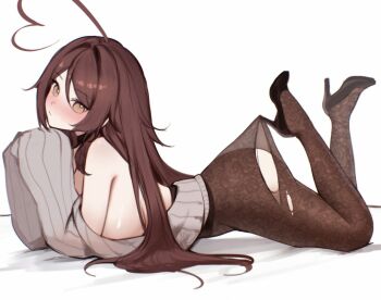 1girl ahoge ass black_choker black_shoes blush brown_eyes brown_hair brown_pantyhose choker closed_mouth commentary english_commentary floral_print_pantyhose grey_sweater heart heart_ahoge high_heels highres huge_ahoge indie_virtual_youtuber lace_pantyhose lace_pantyhose_hooked_on_heel_(meme) long_hair long_sleeves looking_at_viewer lying meme on_stomach pantyhose ribbed_sweater shoes sky_above_me sky_above_me_(vtuber) solo sweater the_pose torn_clothes torn_pantyhose virtual_youtuber