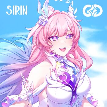 1girl aqua_hair artist_name bare_shoulders blue_sky breasts commentary commission cyrene_(honkai:_star_rail) cyrene_(ripples_of_past_reverie)_(honkai:_star_rail) diamond-shaped_pupils diamond_(shape) dress english_commentary flower gradient_hair hair_flower hair_ornament highres honkai:_star_rail honkai_(series) large_breasts long_hair multicolored_hair open_mouth pink_hair purple_eyes sirin_(sirinshome) sky smile solo symbol-shaped_pupils two-tone_hair upper_body very_long_hair white_dress