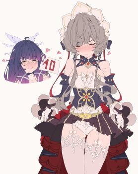 2girls absurdres black_dress blush breasts brown_hair cleavage columbina_(genshin_impact) commentary detached_sleeves dress english_commentary eye_mask garter_straps genshin_impact gloves heart highres holding large_breasts licking_lips long_hair marck_(marck1703) mask multiple_girls panties purple_hair sandrone_(genshin_impact) scorecard see-through_clothes see-through_mask short_hair_with_long_locks simple_background smile thighhighs thighs tongue tongue_out underwear very_long_hair white_background white_garter_straps white_gloves white_headdress white_panties white_thighhighs yuri