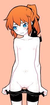 1girl akableak averting_eyes bike_shorts blue_eyes blush_stickers body_freckles charlotte_(akableak) cleft_of_venus clothes_pull cowboy_shot embarrassed flat_chest freckles highres jacket loli long_hair navel nipples orange_background orange_hair original ponytail pussy shorts shorts_pull simple_background skinny solo thigh_gap uncensored