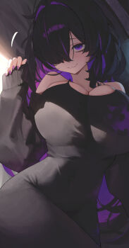 1girl absurdres bags_under_eyes bare_shoulders black_cardigan black_dress black_hair blush breasts breasts_squeezed_together cardigan closed_mouth colored_inner_hair commentary cowboy_shot dress eiyuo furrowed_brow goddess_of_victory:_nikke hair_intakes hair_over_one_eye hand_up highres huge_breasts label_(nikke) long_hair long_sleeves looking_at_viewer mojyo multicolored_hair nervous_smile one_eye_covered pink_nails purple_eyes purple_hair purple_streaks sleeveless sleeveless_dress sleeves_past_wrists smile solo taut_clothes taut_dress two-tone_hair