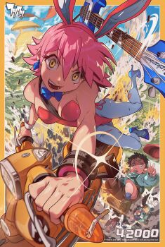 Rule 34 | 1boy, 1other, 2girls, animal ears, bass guitar, between breasts, blue bow, blue bowtie, blue shoes, border, bow, bowtie, breasts, canti, cigarette, commentary, detached collar, earrings, edwin huang, english commentary, explosion, fake animal ears, flcl, grey pantyhose, haruhara haruko, high heels, highres, hover bike, instrument, jewelry, lens flare, leotard, medium breasts, motor vehicle, multiple girls, nandaba naota, pantyhose, pink hair, playboy bunny, red leotard, samejima mamimi, scooter, shoes, short hair, solo focus, stiletto heels, strap between breasts, strapless, strapless leotard, vespa, wrist cuffs, yellow border, yellow eyes
