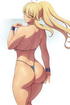 1girl ahoge artoria_pendragon_(fate) artoria_pendragon_(lancer)_(fate) ass back bikini blonde_hair blue_bikini breasts eyebrows_hidden_by_hair fate/grand_order fate_(series) g-string green_eyes hair_between_eyes highres large_breasts long_hair looking_at_viewer looking_back lvl_(sentrythe2310) median_furrow ponytail simple_background solo string_bikini swimsuit thighs thong thong_bikini white_background wristband