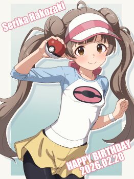 1girl absurdres ahoge black_pantyhose blue_sleeves blush breasts brown_eyes brown_hair character_name closed_mouth commentary_request cosplay cowboy_shot dated donut_hair_bun double_bun drop_shadow gradient_background hair_bun hakozaki_serika hand_up happy_birthday highres holding holding_poke_ball idolmaster idolmaster_million_live! large_variant_set long_hair looking_at_viewer milliani nintendo pantyhose poke_ball poke_ball_(basic) pokemon pokemon_black_2_and_white_2 raglan_sleeves rosa_(pokemon) rosa_(pokemon)_(cosplay) shirt short_shorts shorts small_breasts smile solo standing twintails variant_set visor_cap white_shirt wristband yellow_shorts
