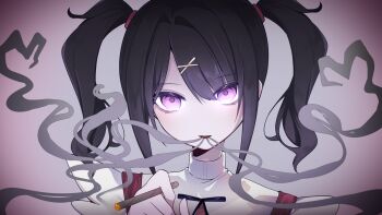 1girl ame-chan_(needy_girl_overdose) black_hair black_ribbon blowing_smoke hair_ornament highres holding looking_at_viewer medium_hair neck_ribbon needy_girl_overdose open_mouth purple_eyes red_shirt ribbon shirt sia_6767 smoking solo twintails upper_body x_hair_ornament