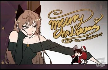 1boy 1girl :o animal_ears bag black_hair borrowed_clothes brown_hair cat_ears coat double-parted_bangs gift_bag green_sweater hat holding holding_bag jewelry kim_dokja merry_christmas mini_person miniboy mouse_ears necklace off-shoulder_sweater off_shoulder official_art omniscient_reader&#039;s_viewpoint open_clothes open_coat outstretched_arm persephone_(omniscient_reader&#039;s_viewpoint) red_coat santa_hat short_hair sitting smile sweater table throne upper_body