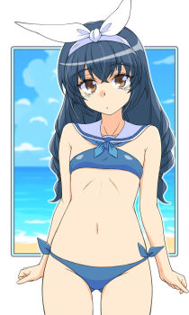 1girl bikini black_hair blue_bikini blush breasts brown_eyes commentary_request girls_und_panzer hair_ribbon highres long_hair looking_at_viewer navel ocean open_mouth outdoors reizei_mako renshiu ribbon sailor_bikini sailor_collar sky small_breasts solo swimsuit