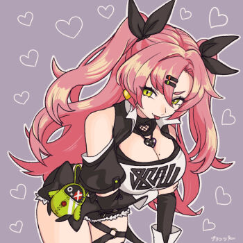 Rule 34 | 1girl, 72kuri, :p, arm under breasts, black ribbon, breasts, commentary request, crop top, green eyes, hair ornament, hair ribbon, hairclip, heart, highres, large breasts, long hair, looking at viewer, mole, mole on breast, mole under eye, nicole demara, pink hair, ribbon, shorts, smile, solo, standing, tongue, tongue out, two side up, zenless zone zero
