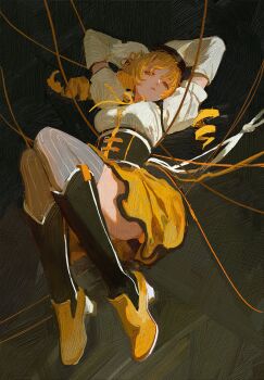 absurdres blonde_hair breasts corset daodtt dark_background drill_hair hair_ornament hashtag-only_commentary highres magical_girl mahou_shoujo_madoka_magica mahou_shoujo_madoka_magica_(anime) shoes skirt solo tomoe_mami tomoe_mami_(magical_girl) twin_drills yellow_shoes yellow_skirt