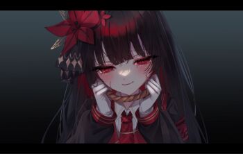 1girl armband black_hair colored_inner_hair cracked_skin flower gloves gradient_background hair_flower hair_ornament highres hime_cut imminent_suicide letterboxed light_smile long_hair magical_girl mahou_shoujo_no_majo_saiban multicolored_hair necktie nikaido_hiro noose red_armband red_eyes red_flower red_necktie simple_background solo tearing_up un_(prmc_aaa) very_long_hair white_gloves