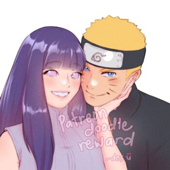 Rule 34 | 1boy, 1girl, adversarial noise, artist name, black headband, black jacket, blonde hair, blue eyes, blunt bangs, breasts, commentary, english commentary, facial mark, forehead protector, hand on another's chin, headband, hyuuga hinata, iamdslr, jacket, large breasts, long hair, naruto: the last, naruto (series), purple eyes, purple hair, purple vest, uzumaki naruto, vest, watermark, whisker markings