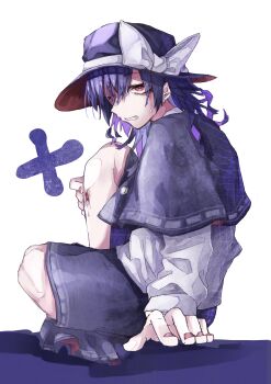 1girl absurdres alternate_eye_color black_capelet black_hair black_hat black_skirt blood bow buttons capelet collared_shirt grin hand_rest hat hat_bow highres injury long_sleeves muraryo one_eye_closed red_eyes red_nails shirt simple_background sitting skirt sleeve_cuffs smile solo star_(sky) sweat touhou usami_renko white_background white_bow white_shirt