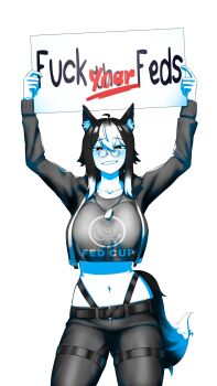 1girl animal_ear_fluff animal_ears belly black_hair commission cowboy_shot crossed_out dog_tags english_text glasses highres holding holding_above_head holding_sign ko_winters logo long_sidelocks medium_hair multicolored_hair navel original overwritten_text pakdeus round_eyewear second-party_source sidelocks sign simple_background smug spot_color tail white_streaks wolf_ears wolf_girl wolf_tail