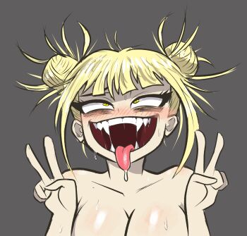 1girl absurdres ahegao blonde_hair blush boku_no_hero_academia breasts cleavage completely_nude double_bun double_v fangs female_focus hair_bun highres jobbythehong large_breasts looking_up matching_hair/eyes nude short_hair slit_pupils solo sweat toga_himiko tongue tongue_out upper_body v yellow_eyes