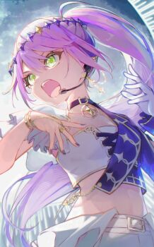 1girl bandeau belt_collar blue_jacket bracelet collar commentary cross-laced_clothes cross-laced_top ear_chain gloves gold_bracelet green_eyes half-jacket headset high_ponytail hololive jacket jewelry linked_piercing long_hair midriff multicolored_hair nail_polish namonaki_yamada navel official_alternate_costume official_alternate_hairstyle open_mouth piercing pink_streaks pointy_ears ponytail purple_hair purple_nails shorts sidelocks single_glove solo strapless streaked_hair tokoyami_towa tokoyami_towa_(break_your_xxx) tube_top v-shaped_eyebrows very_long_hair virtual_youtuber white_bandeau white_overskirt white_shorts white_tube_top