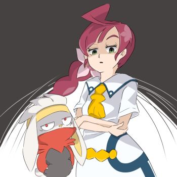 1girl animal_ears braid chloe_(pokemon) crossed_arms gen_8_pokemon gradient_background green_eyes hair_ornament hair_scrunchie hands_in_pockets looking_at_viewer maroon_hair nintendo open_mouth pokemon pokemon_(anime) pokemon_journeys rabbit_ears raboot sailor_uniform scrunchie short_sleeves side_braid