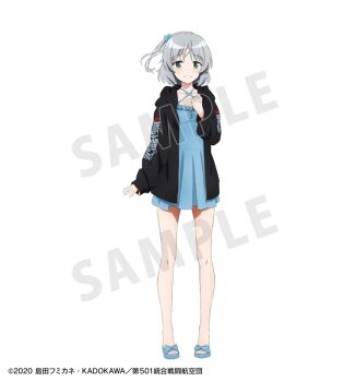 1girl alternate_hairstyle artist_request black_jacket full_body green_eyes jacket looking_at_viewer official_alternate_costume official_art sample_watermark sandals sanya_v._litvyak short_hair simple_background smile solo standing strike_witches swimsuit watermark white_background white_hair world_witches_series