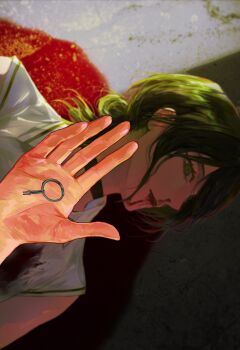 1girl 1other absurdres black_choker blood blood_on_clothes carl_4 chainsaw_man choker death green_eyes green_hair grenade_pin highres lying nosebleed on_back reze_(chainsaw_man) shirt spoilers white_shirt