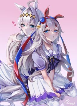 Rule 34 | 2girls, ahoge, akaakasa0215, animal ears, blue eyes, blue hairband, blush, bow, bowtie, closed mouth, ear covers, ear ornament, grey hair, grey tail, hair between eyes, hair ornament, hairband, headband, heart, highres, horse ears, horse girl, horse tail, long hair, looking at viewer, multicolored hair, multiple girls, oguri cap (umamusume), pink background, puffy short sleeves, puffy sleeves, purple bow, purple bowtie, purple shirt, red headband, sailor collar, sailor shirt, school uniform, shirt, short sleeves, simple background, skirt, smile, striped clothes, striped hairband, tail, tamamo cross (umamusume), thighhighs, tracen school uniform, umamusume, very long hair, white sailor collar, white skirt, white thighhighs