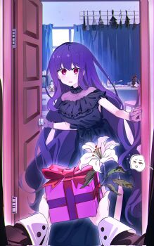 2girls black_dress blush book box chinese_commentary commentary_request commission curtains door doorknob doorway dress female_pov flower flying_sweatdrops from_front from_outside gift gift_box gloves highres holding holding_gift indoors long_hair long_sleeves multiple_girls obstructed_view open_mouth opening_door pov pov_hands purple_gloves purple_hair red_eyes second-party_source short_sleeves spoken_blush tensei_oujo_to_tensai_reijou_no_mahou_kakumei test_tube tilty_claret white_flower ydpfa yuri