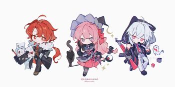 1girl 2boys ahoge ball_hands black_hat black_pants black_shoes blunt_bangs bright_pupils broom broom_riding brown_shoes chibi chibi_only closed_mouth coat commission double-parted_bangs full_body gun hand_in_pocket hat highres holding holding_gun holding_weapon hood hood_up hooded_coat kanae_(cookie) long_hair long_sleeves looking_at_viewer multiple_boys necktie open_clothes open_coat original pants parted_bangs pink_hair pink_skirt pleated_skirt purple_eyes red_eyes red_hair red_necktie shoes short_hair simple_background skirt smile standing twitter_username weapon white_background white_hair white_pupils witch_hat