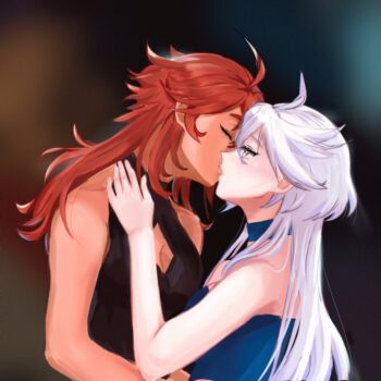 2girls bare_arms bare_shoulders black_dress blue_dress breasts cleavage cleavage_cutout closed_eyes clothing_cutout commentary dress english_commentary enzymelink grey_eyes gundam gundam_suisei_no_majo hand_on_another&#039;s_shoulder highres kiss long_hair miorine_rembran multiple_girls red_hair suletta_mercury white_hair yuri