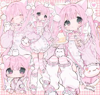 1girl :< :3 ahoge animal_bag animal_ears apron bag bell between_legs blush_stickers bow buttons cake cake_slice cardigan cat cat_bag cat_ears cat_girl cat_tail chibi choker closed_eyes closed_mouth commentary commission copyright_notice dress english_commentary eyes_visible_through_hair fingers_to_cheeks food fork frilled_choker frills hair_ornament hand_between_legs heart heart-shaped_bell heart_button highres holding holding_fork holding_plate leg_warmers long_hair mooosikasite multiple_views open_cardigan open_clothes open_mouth original pink_bow pink_cardigan pink_choker pink_dress pink_eyes pink_hair pink_shoes pink_theme pink_thighhighs plate pom_pom_(clothes) pom_pom_hair_ornament shoes sitting skeb_commission sleeveless sleeveless_dress sleeves_past_wrists smile speech_bubble spoken_heart strawberry_shortcake striped_clothes striped_thighhighs tail tail_bow tail_ornament tareme thighhighs twintails white_apron white_bag white_leg_warmers white_thighhighs