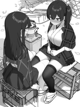 2girls akagi_(kancolle) black_hair black_thighhighs blanket blush commentary_request crate greyscale kaga_(kancolle) kantai_collection leg_between_thighs long_hair looking_at_another monochrome multiple_girls nose_blush open_mouth outdoors plaid_blanket sandals shijukara_(great_tit) side_ponytail sitting smile teapot thighhighs unfinished wavy_mouth white_thighhighs