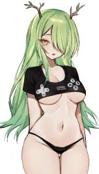 Rule 34 | 1girl, absurdres, alternate costume, antlers, arms behind back, black panties, blush, breasts, ceres fauna, commentary, cowboy shot, crop top, english commentary, game controller print, green hair, hair over one eye, highres, hololive, hololive english, horns, large breasts, long hair, looking at viewer, miclipse, mole, mole under eye, navel, no bra, panties, parted lips, print shirt, shirt, short sleeves, simple background, solo, underboob, underwear, white background, yellow eyes