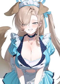 1girl animal_ears apron asuna_(blue_archive) blonde_hair blue_archive blue_eyes blue_halo blue_shirt blue_skirt blush breasts choker cleavage collarbone commentary_request dog_ears dog_tail grin hair_over_one_eye halo highres korean_commentary large_breasts long_hair looking_at_viewer maid_apron maid_headdress mole mole_on_breast shirt side_ponytail skirt smile solo tail tt_h0k4 very_long_hair