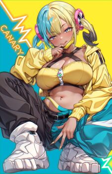 1girl :q absurdres aqua_background aqua_eyes aqua_hair aqua_pants belt black_belt black_hair black_pants blonde_hair breasts canari_(pokemon) character_name cleavage commentary crop_top hair_ornament highres jacket large_breasts long_sleeves looking_at_viewer mask mask_pull mixed-language_commentary mouth_mask multicolored_hair navel navel_piercing nintendo open_clothes open_jacket pants piercing pokemon pokemon_legends:_z-a shashaki shoes solo split-color_clothes split-color_hair squatting tongue tongue_out two-tone_background white_shoes yellow_background yellow_jacket yellow_nails