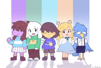 1other 2boys 2girls antlers asriel_dreemurr berdly_(deltarune) blonde_hair blue_feathers blue_skirt blue_sweater brown_fur brown_hair closed_eyes closed_mouth commentary deer_antlers deltarune english_commentary facing_viewer feathers frisk_(undertale) furry furry_female furry_male glasses green_sweater hand_wings heart heart_necklace holding holding_stick horns jewelry looking_at_viewer multiple_boys multiple_girls necklace noelle_holiday open_mouth purple_sweater shirt skirt smile stick susie_(deltarune) suspenders sweater ui_5286 undertale utdr_(toby_fox) white_fur white_shirt white_skirt