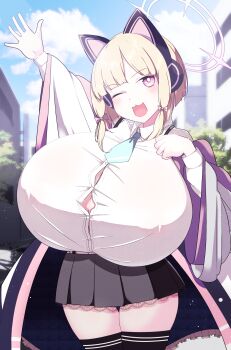 1girl :3 animal_ears black_skirt black_thighhighs blonde_hair blue_archive blush border breasts cat_ears cloud day dot_nose fake_animal_ears female_focus hair_ribbon halo headphones huge_breasts kuyu730 looking_at_viewer momoi_(blue_archive) necktie one_eye_closed open_mouth oppai_loli outdoors outline pale_skin pink_background pink_ribbon ribbon shiny_skin shirt short_hair short_necktie sidelocks skirt sky smile solo thighhighs white_border white_outline white_shirt wide_sleeves wink zettai_ryouiki