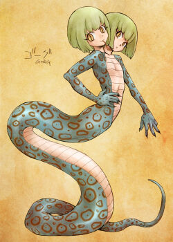 2girls character_name character_request commentary_request conjoined cryptid fingernails flat_chest forked_tongue full_body green_hair hand_on_own_hip highres lamia looking_at_viewer monster_girl multiple_girls multiple_heads original sharp_fingernails slit_pupils smile tongue tongue_out unno_hotaru yellow_eyes