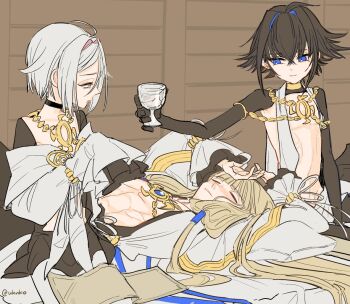 3boys abs ahoge androgynous arms_up black_choker black_hair black_shrug blonde_hair blue_eyes blue_hair blunt_bangs blush choker closed_eyes cup detached_sleeves dove_(fate) fate/grand_order fate_(series) frilled_sleeves frills furrowed_brow gold_choker gold_necklace gold_trim grey_eyes grey_hair grey_shawl hair_flaps hands_on_own_face holding holding_cup indoors jewelry long_hair long_sleeves low-tied_sidelocks lying multicolored_hair multiple_boys necklace noah_(fate) on_bed open_clothes open_robe pink_hair raven_(fate) robe scroll shawl short_hair shrug_(clothing) sidelocks sitting sleeping sleeves_past_fingers sleeves_past_wrists streaked_hair two-tone_hair uhana white_robe wooden_wall