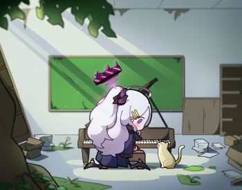 1girl ahoge back black_coat black_gloves black_skirt black_thighhighs blue_archive blurry box cardboard_box cat chalkboard chibi coat coat_on_shoulders commentary_request demon_girl demon_horns demon_wings depth_of_field forehead from_behind gloves grand_piano hair_ornament hair_ribbon hairclip half_updo halo highres hina_(blue_archive) horns indoors instrument long_hair long_sleeves looking_at_another looking_to_the_side military_uniform music on_bench open_clothes open_coat paper_stack parted_bangs pencil_skirt piano piano_bench playing_instrument profile purple_eyes ribbon sidelocks sitting skirt sunlight thighhighs utensil_rack uz_(uzru0428) wavy_hair white_hair wings zettai_ryouiki