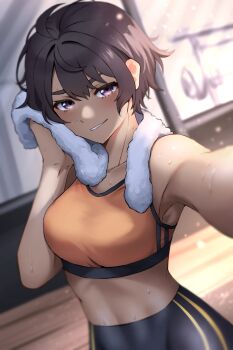 1girl ahoge armpits bare_shoulders black_hair black_shorts blush breasts collarbone flo_fish foreshortening hands_up hashtag-only_commentary highres holding holding_towel indoors looking_at_viewer make_heroine_ga_oo_sugiru! medium_breasts orange_sports_bra parted_lips purple_eyes reaching reaching_towards_viewer short_hair shorts sports_bra sweat towel towel_around_neck upper_body wiping_sweat