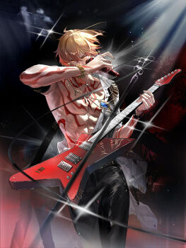 1boy abs absurdres arm_tattoo armpits bare_pectorals belt black_belt black_pants blonde_hair blue_gemstone bracelet braid chest_tattoo chinese_commentary commentary_request electric_guitar facial_tattoo gem gold_bracelet gradient_hair guest_art guitar hair_between_eyes hand_up highres holding holding_guitar holding_instrument holding_microphone honkai:_star_rail honkai_(series) instrument jewelry leather leather_pants looking_at_viewer male_focus microphone multicolored_hair mydei_(alternate_spacetime)_(honkai:_star_rail) mydei_(honkai:_star_rail) necklace open_clothes open_shirt pants pectorals red_hair red_tattoo second-party_source shirt side_braid silhouette solo stage tattoo toned toned_male white_shirt xiniu_kuangben_bawanli yellow_eyes
