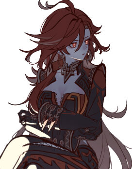 1girl absurdres ahoge biker_clothes bikesuit black_bodysuit black_gloves blonde_hair bodysuit breasts closed_mouth collarbone colored_inner_hair commentary_request crossed_arms crossed_legs earrings genshin_impact gloves gold_choker hair_between_eyes highres huge_ahoge if0208 jewelry large_breasts lips long_hair long_hair_between_eyes long_sleeves looking_to_the_side mavuika_(genshin_impact) multicolored_hair red_eyes red_hair simple_background single_sidelock sitting solo sun_earrings sun_ornament symbol-shaped_pupils very_long_hair white_background wide_sleeves