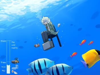 1boy ^_^ air_bubble animalization asphyxiation black_pants bubble chair closed_eyes clownfish coat danganronpa_(series) danganronpa_2:_goodbye_despair drowning english_text fish full_body green_coat highres hinata_hajime kmnm_1403 komaeda_nagito male_focus nanami_chiaki on_chair open_clothes open_coat open_mouth pants shaded_face shirt short_hair submerged underwater underwear white_hair white_shirt