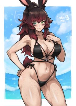 1girl animal_ears artist_name bikini black_bikini black_nails blue_background blue_sky border borrowed_character breasts closed_mouth commentary commission cowboy_shot english_commentary facial_mark green_eyes hand_on_own_chest hand_on_own_hip highres ko-fi_commission large_breasts long_hair looking_at_viewer navel original outside_border red_hair rotomdocs side-tie_bikini_bottom sky solo standing swimsuit tail white_border
