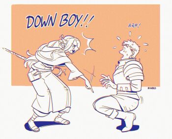 1boy 1girl absurdres armor artist_name barking blush boots border braid capelet down_boy!!_(meme) dungeon_meshi elf english_text findoworld full_body furrowed_brow highres holding holding_staff laios_touden long_hair marcille_donato meme monochrome open-toe_shoes open_mouth orange_background parted_lips pauldrons plate_armor pointing pointing_down pointy_ears sandals short_hair shoulder_armor shouting side_braid squatting staff sweatdrop twin_braids white_border