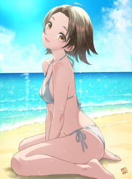 Rule 34 | 1girl, absurdres, ass, bikini, blush, breasts, brown eyes, brown hair, collarbone, commentary request, girls und panzer, highres, kainushi, looking at viewer, ocean, open mouth, sawa azusa, short hair, side-tie bikini bottom, sky, small breasts, smile, solo, sweat, swimsuit, white bikini