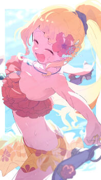 1girl :d ^_^ bikini blonde_hair blush breasts closed_eyes commentary_request cowboy_shot flower hair_flower hair_ornament highres holding holding_sandals jewelry large_breasts long_hair magia_record:_mahou_shoujo_madoka_magica_gaiden mahou_shoujo_madoka_magica necklace open_mouth ponytail red_bikini red_flower sandals serizawa_serizane smile solo swimsuit togame_momoko twitter_username wet