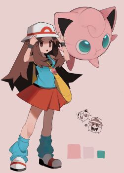 1girl 950magi618 adjusting_clothes adjusting_headwear bag blue_eyes blue_shirt blue_socks brown_eyes brown_hair chibi chibi_inset commentary_request full_body gen_1_pokemon hat highres jigglypuff leaf_(pokemon) long_hair loose_socks nintendo open_mouth parted_bangs pink_background poke_ball pokemon pokemon_(creature) pokemon_frlg red_skirt shirt shoulder_bag sidelocks simple_background skirt sleeveless sleeveless_shirt socks standing white_hat wristband