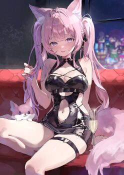 1girl alternate_costume alternate_hairstyle animal_ears antenna_hair black_dress black_panties black_ribbon blurry blush bokeh braid breasts center-flap_bangs city cleavage clothing_cutout commentary couch cup depth_of_field double-parted_bangs dress drinking_glass embarrassed fang feet_out_of_frame furrowed_brow hair_ribbon hakui_koyori half_up_braid heart heart_o-ring highres holding holding_own_hair hololive indoors kokoro_(hakui_koyori) latex latex_dress long_hair looking_at_viewer medium_breasts nail_polish navel navel_cutout night nyannyan_poa o-ring o-ring_thigh_strap panties panty_peek parted_lips pink_hair pink_nails purple_eyes ribbon short_dress side_cutout sidelocks sitting sleeveless sleeveless_dress solo sweatdrop tail taut_clothes taut_dress thigh_strap twintails underwear virtual_youtuber window wine_glass wolf_ears wolf_girl wolf_tail