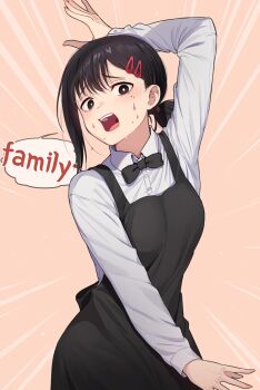 1girl :o apron black_apron black_bow black_bowtie black_eyes black_hair bow bowtie bright_pupils chainsaw_man commentary dancing employee_uniform english_text higashiyama_kobeni kamille_(vcx68) long_sleeves looking_at_viewer mole mole_under_eye mole_under_mouth multiple_moles nervous_sweating scene_reference shirt single_sidelock solo speech_bubble sweat white_pupils white_shirt