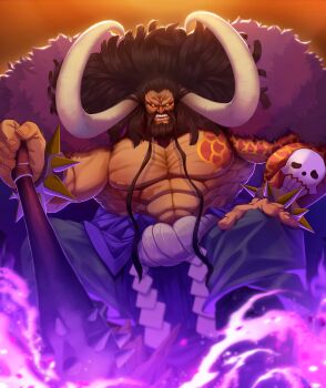1boy absurdres alternate_facial_hair beard black_hair black_sclera colored_sclera dark-skinned_male dark_skin facial_hair flexing_pectorals frown full_beard highres kaidou_(one_piece) kanbu large_horns long_hair long_mustache looking_at_viewer male_focus mature_male monster_boy muscular muscular_male mustache one_piece planted purple_lightning serious sitting skull solo strongman_waist tatiandart1 thick_beard very_long_hair very_long_mustache wrinkled_skin